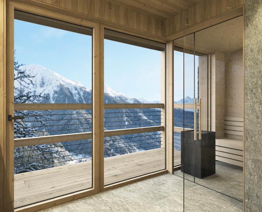 Sauna, Saunaofen mit Bergpanoramablick, große Fensterfront- Apartments & Chalet Selm