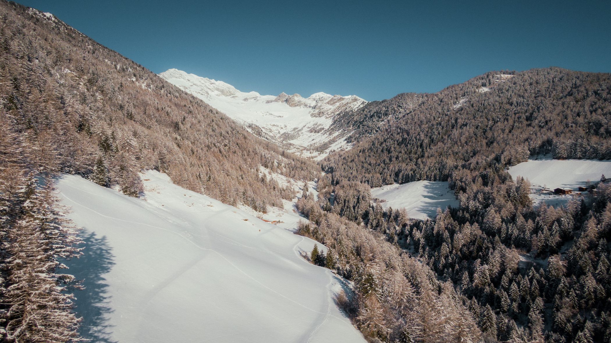 Verschneite Luftaufnahme von einem Tal, Sonnenschein, blauer Himmel, Bäume Chalet Apartment Selm