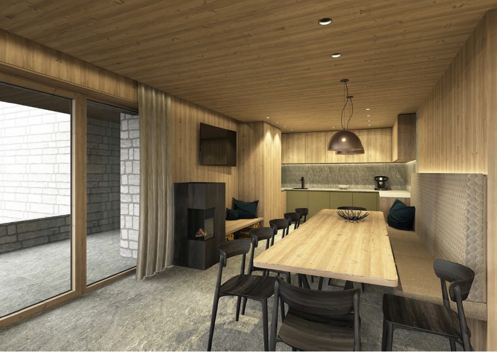 großer Esstisch, Holzofen, Küche - Apartments & Chalet Selm