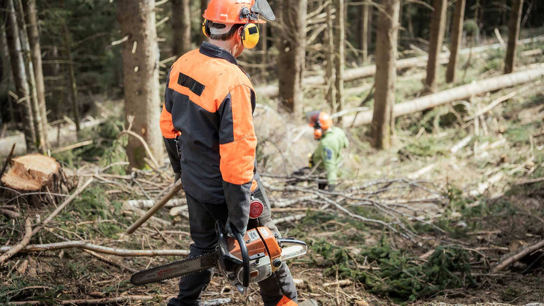 Eine Person in Schutzausrüstung mit einer Kettensäge steht in einem Wald mit umgestürzten Bäumen und einem anderen Arbeiter vor sich. - Apartments & Chalet Selm