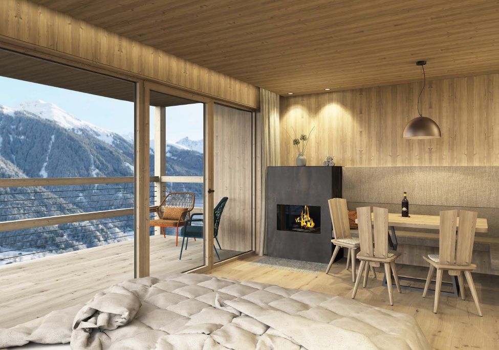 Holzofen, Tisch mit Stühlen, große Fenster mir Bergblick - - Apartments & Chalet Selm